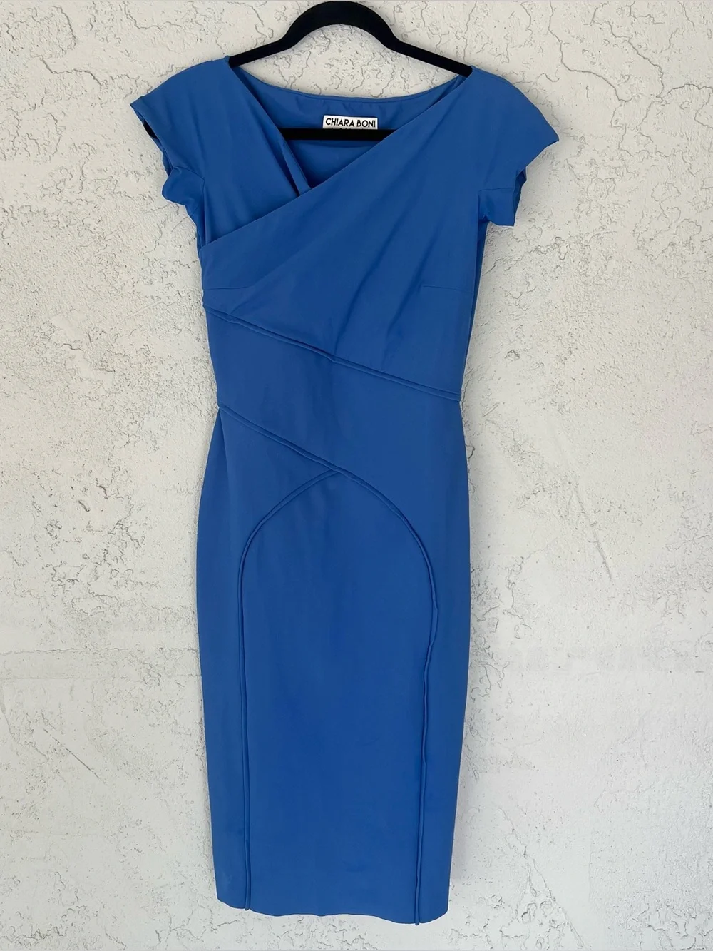 Chiara Boni Bodycon Cobalt Blue Cap Sleeve Mini Cocktail Dress Size 42 US 6
